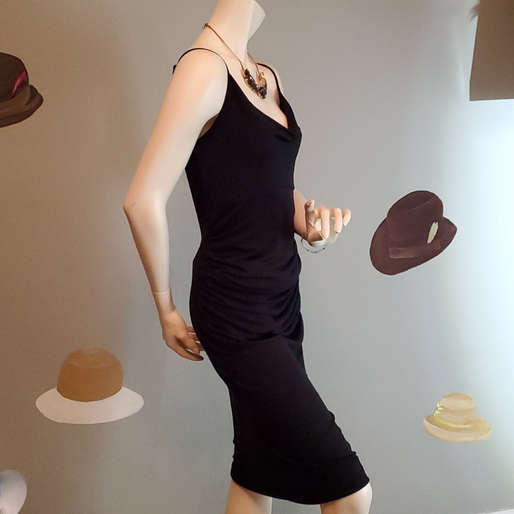Velvet Torch Cowl Neck Ruched Midi Dress LBD XL - Picture 2 of 12